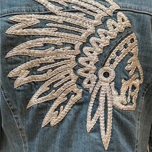 INC International Concepts Embroidered Indian Chief Denim Jean Jacket Sz S